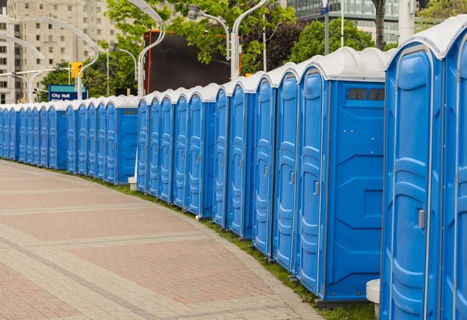 a fleet of portable restrooms ready for use at a large outdoor wedding or celebration in Tomkins Cove